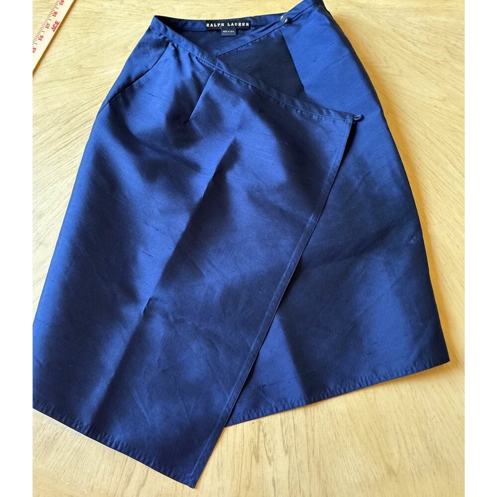 Vtg 90s Ralph Lauren Navy 100% Silk Dupioni Wrap Skirt USA UNITE Slubbed Silk 6